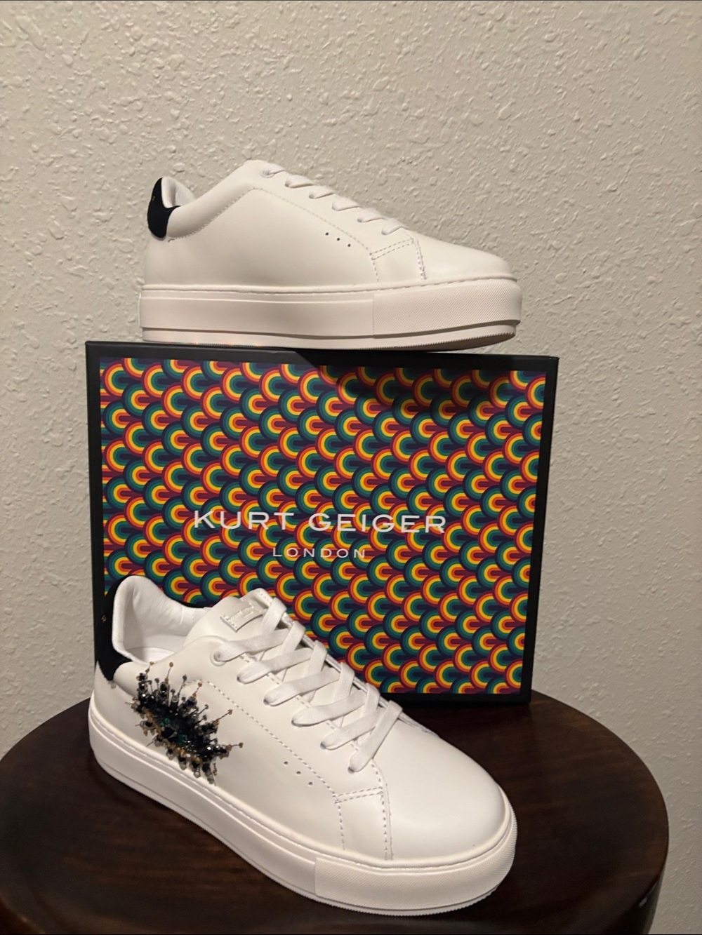 Kurt Geiger Men’s White Platform Sneakers with Black Heel Tab